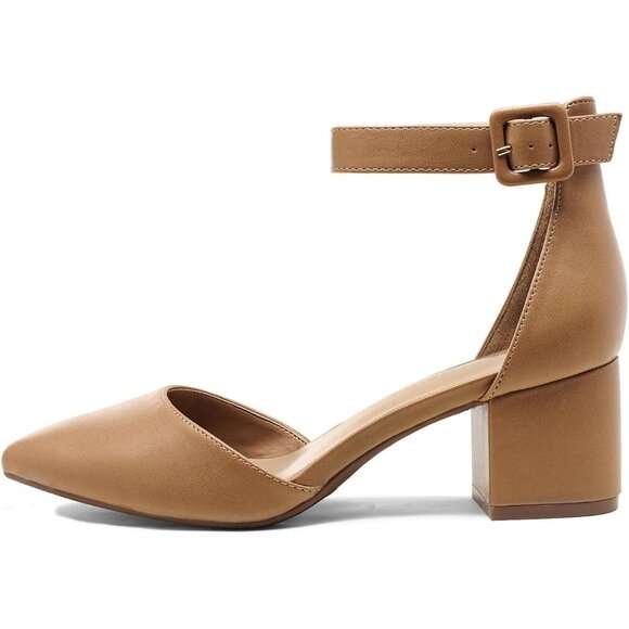 Dream Pairs Women's Nude/Pu Pointed Toe Closed Toe Low Block Ankle Strap Heels - Picture 4 of 8
